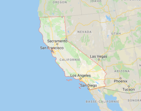 A map of the west coast of North America showing part of the United States and Mexico along the Pacific Ocean.