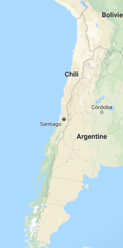 A map of Chile in South America, showing its long, narrow shape along the Pacific coast, with neighboring countries Argentina and Bolivia labeled.